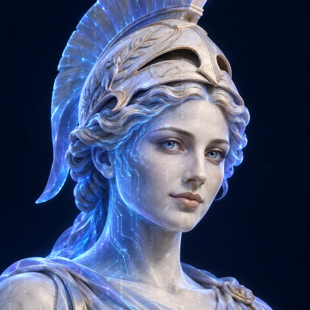 Athena, a marble figure illuminated by flowing blue script.
