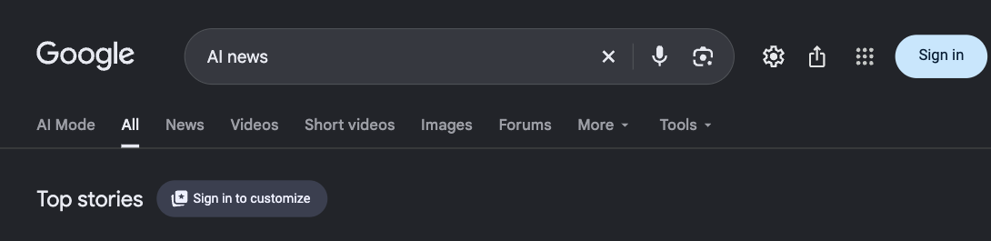 Google search results, signed out: a Sign in to customize button beside the Top stories heading